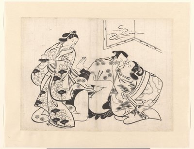 Vrijend paar met omkijkend meisje door Kiyonobu (I) , Torii