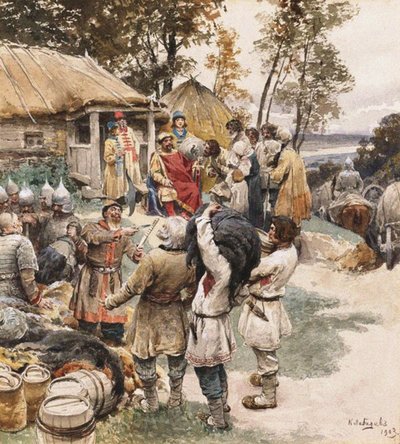 Poliudie belastinginning. Igor van Kiev eist belasting van de Drevlyans, 1903 door Klavdiy Vasilievich Lebedev