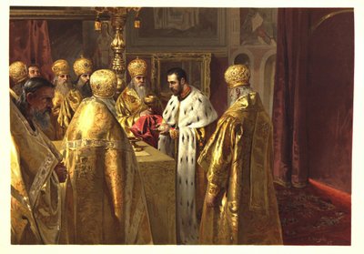 De kroningsceremonie van Nicolaas II. De eucharistie door Klavdiy Vasilievich Lebedev