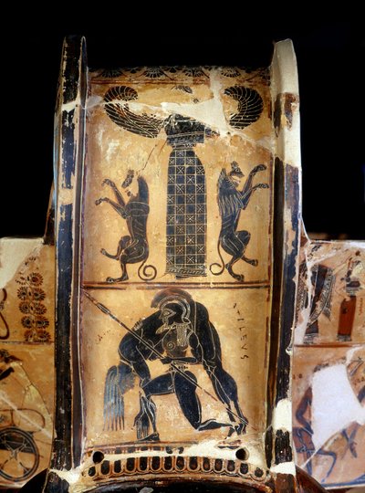 De François vaas: detail van de krater met zwarte figuren die de dode Achilles gedragen door Ajax afbeelden, gemaakt door de pottenbakker Ergotimos en de schilder Klitias. 570 v.Chr. Uit Siena. Florence. Nationaal Archeologisch Museum. door Kleitias Kleitias