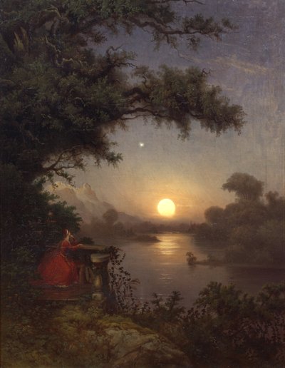 Vrouw op het terras kijkt naar de maan door Knud Andreassen Baade