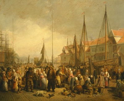Vismarkt in Bergen door Knud Bergslien