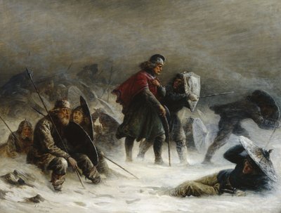 Koning Sverre in een sneeuwstorm in de Voss-bergen door Knud Bergslien
