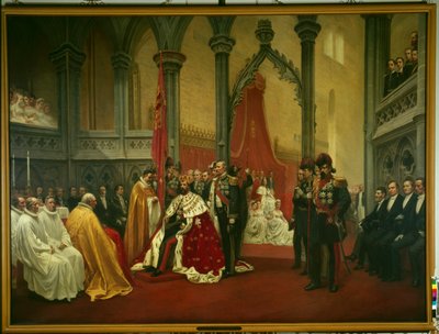 De kroning van Oscar II in de kathedraal van Trondheim op 18 juli door Knud Bergslien