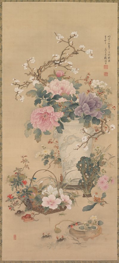 Vaas met Bloemen met Sprinkhaan, Zeeleven en Tuinrots, hangende rol, eind 1800s door Ko Okabe