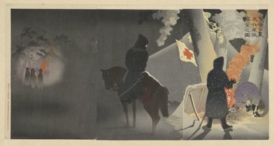 De kou trotserend, zetten onze troepen bivak op te Yingkou door Kobayashi Kiyochika