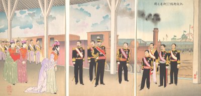 Illustratie van de aankomst van de keizer op Shinbashi Station na een overwinning Gaise..., 1895 door Kobayashi Kiyochika