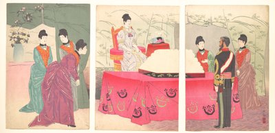 Illustratie van het bezoek van de keizerin aan het hoofdkwartier van de generale staf [om een dienblad met verbandmiddelen te overhandigen] (Sanbō honbu gyōkei no zu) door Kobayashi Kiyochika