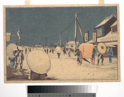 Straßenszene am Stadtrand von Edo an einem Winterabend door Kobayashi Kiyochika