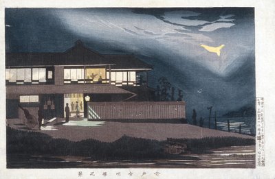 Gezicht op uitgaansgelegenheden in Imado bij dageraad door Kobayashi Kiyochika