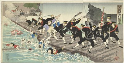 Felle gevechten op de drijvende brug in Kiuliencheng tijdens de Sino-Japanse oorlog door Kobayashi Toshimitsu