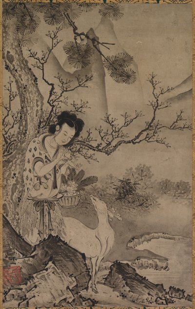 Vrouwelijke Daoïstische figuur in landschap door Koboku