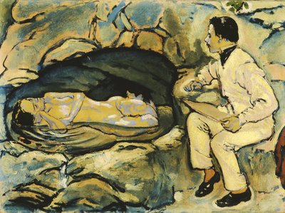 Zelfportret, tekening met zeemeermin in de rotsgrot, 1914 door Koloman Moser