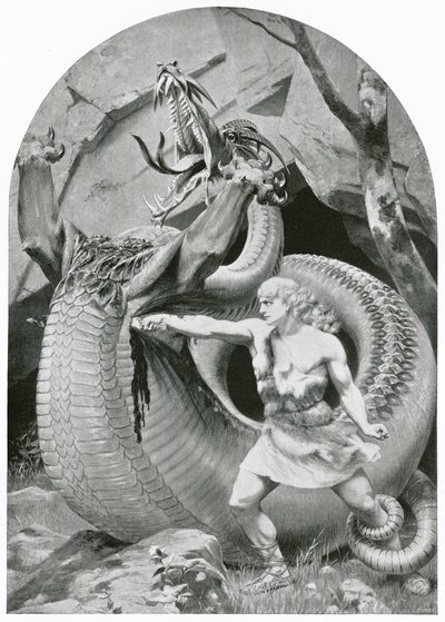 Siegfried die de draak doodt (litho) door Konrad Dielitz