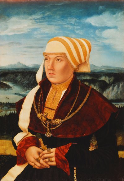 Portret van Dorothea von Stralenburg, 26 jaar oud, driekwart lengte, in een rood en zwarte jurk met gouden ornamenten, voor een uitgestrekt landschap, 1533 door Konrad Faber von Kreuznach