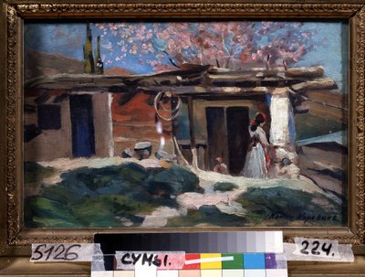 Krim, bloeiende amandelbomen. Jonge vrouw voor een klein houten huis, onder de roze amandelbomen door Konstantin Alekseevich Korovin