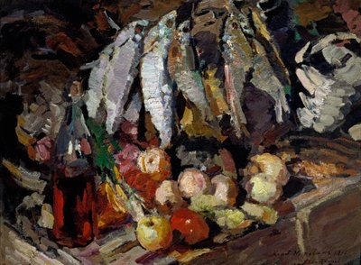Vissen, wijn, fruit door Konstantin Alekseevich Korovin