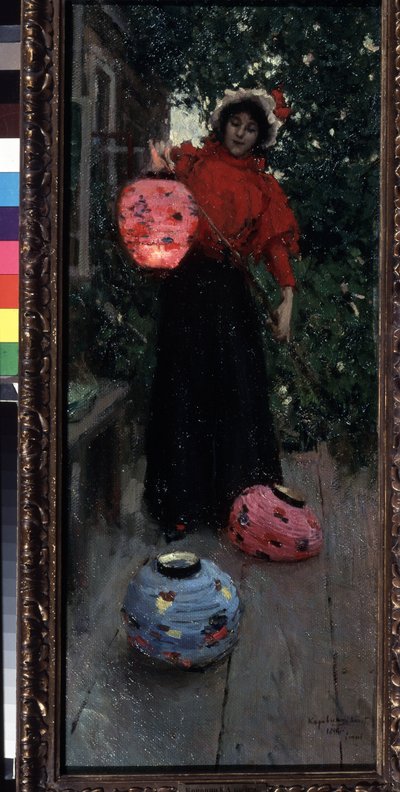Chinese lantaarns. Een vrouw steekt papieren lantaarns aan en hangt ze op de veranda op in de avond. door Konstantin Alekseevich Korovin