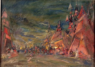 Het militaire kamp van de Polovtsiërs. Decorontwerp voor de opera 