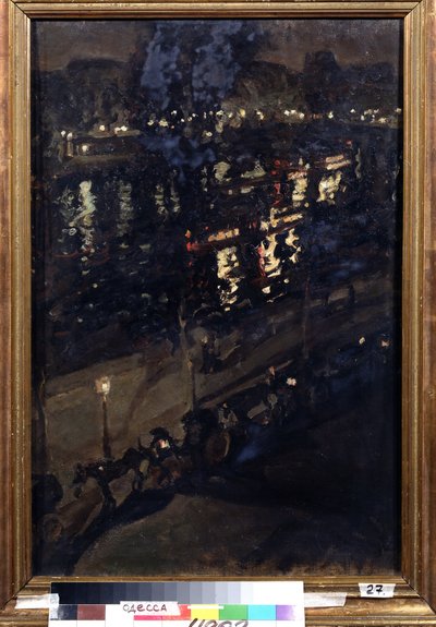 Parijs bij nacht. Uitzicht op de kades van de Seine, met een paardenkoets en stadslichten die weerspiegelen op het water. Schilderij van Konstantin Alexeyevich Korovin (1861-1939), Russische kunst door Konstantin Alekseevich Korovin