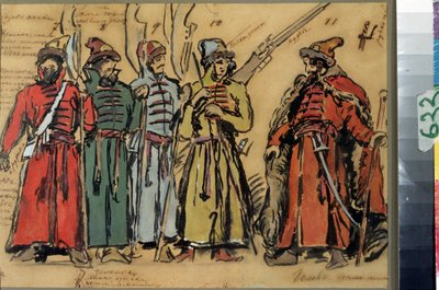 Kostuumontwerp voor de opera Khovanshchina van M. Moessorgski door Konstantin Alekseevich Korovin
