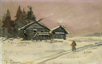 Winterlandschap met twee houten Hutten door Konstantin Alekseevich Korovin
