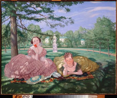 Twee dames in een park door Konstantin Andreevic Somov