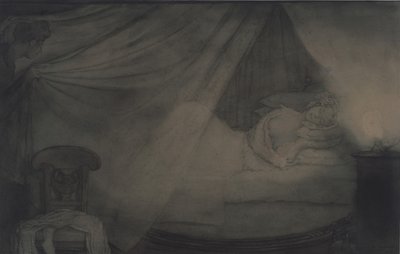 In de slaapkamer. Illustratie voor het gedicht Graaf Nulin door A. Poesjkin door Konstantin Andreevic Somov