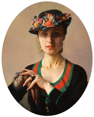Portret van een dame met een bloemenhoed door Konstantin Andreevic Somov