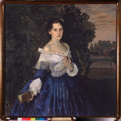 Een vrouw in blauw (Portret van Yelisaveta Martynova) door Konstantin Andreevic Somov