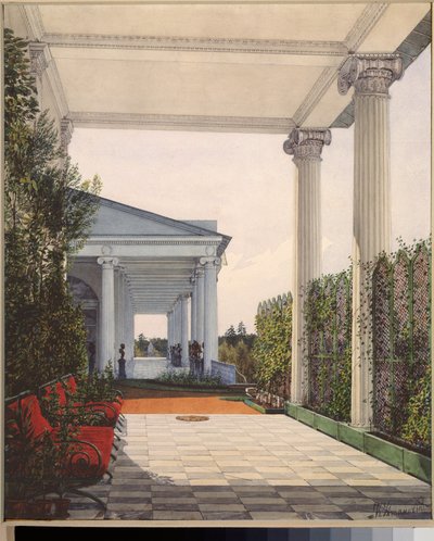 Uitzicht op de colonnade vanuit de kamer van keizerin Maria Alexandrovna in het grote paleis van Tsarkoye Selo door Konstantin Andreyevich Ukhtomsky