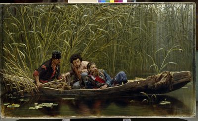 De armoedige mannen. Beschrijving van drie smokkelaars, misdadigers die discreet op de loer liggen in een bootje verborgen tussen het riet door Konstantin Apollonovich Savitsky