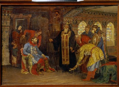 De uitnodiging van prins Dmitry Pojarski (1577-1642) om de legers te bevelen voor de bevrijding van Moskou. Na de zegen van Irenarchus van Rostov ontvangen te hebben, de prins door Konstantin Apollonovich Savitsky