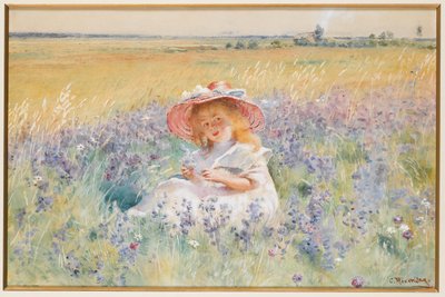 Een jong meisje in een veld van salie, margrieten en weidegras door Konstantin Egorovich Makovsky
