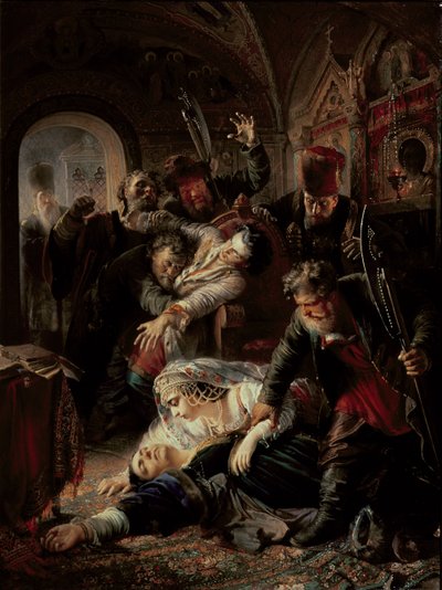 Huurmoordenaars doden de zoon van tsaar Boris Fyodorovich Godunov door Konstantin Egorovich Makovsky
