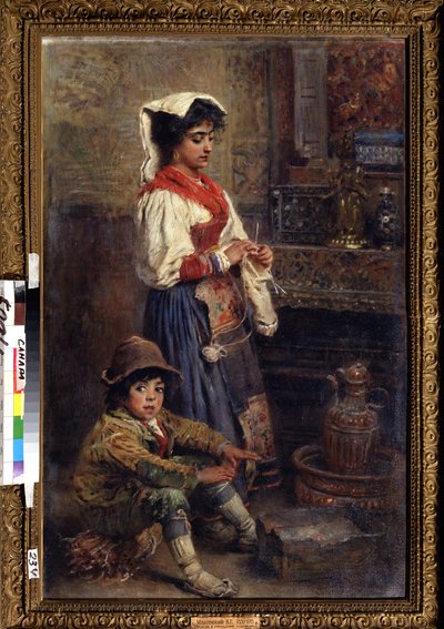 De modellen wachten op de kunstenaar door Konstantin Egorovich Makovsky