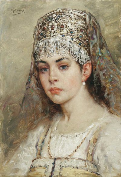 Portret van een bojarenvrouw in traditionele kleding door Konstantin Egorovich Makovsky