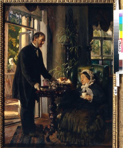 Een kasteelvrouwe. Een oude dame drinkt thee, bediend door een dienaar die haar brood en jam aanbiedt door Konstantin Egorovich Makovsky