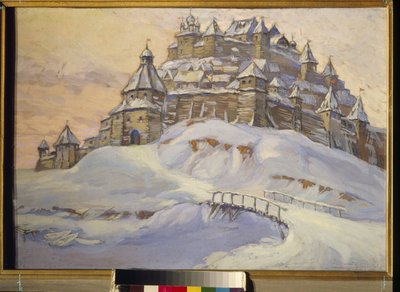 Vesting van het oude Rusland. (Versterkte houten stad, onder de sneeuw in Oekraïne in de Middeleeuwen) door Konstantin Ivanovich Gorbatov