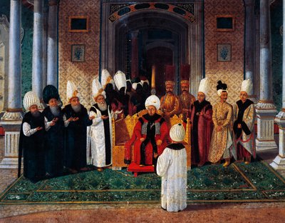Selim III (1761-1808) ontvangt hoogwaardigheidsbekleders onder baldakijn van de Poort van Gelukzaligheid in Topkapi, detail van ceremonie voor de troonsbestijging van Sultan Suleyman III, ca. 1789 door Konstantin Kapidagli