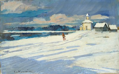 Winterlandschap met een kleine kerk door Konstantin Korovin
