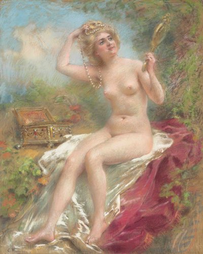 Zittend naakt kijkend in een spiegel door Konstantin Makovsky