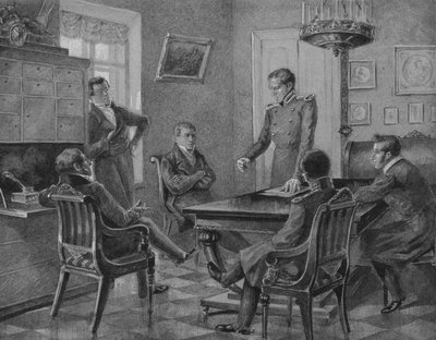 Pavel Pestel toespraak op de bijeenkomst van de Noordelijke Vereniging van de Decembristen in Petersburg, 1936 door Konstantin Mikhailovich Goldstein