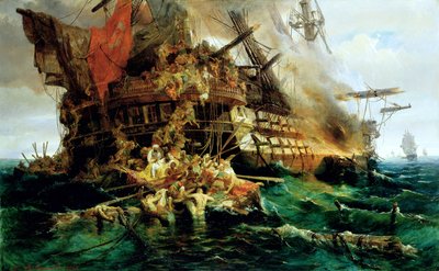 Een Turks Oorlogsschip in Brand door Konstantinos or Constantin Bolanachi