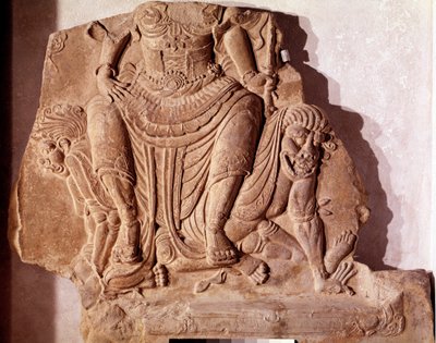 Koreaanse kunst: kleistenen baksteen met afbeelding van een heer of godheid die de kwade krachten domineert. Silla-periode, 7e eeuw. Nationaal Museum van Korea door Korean School
