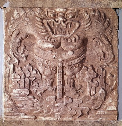 Koreaanse kunst: grijze terracotta baksteen die een monster uitbeeldt. Koninkrijk van Paekche (of Paikchei of Baekje), Korea. 7e eeuw. Nationaal Museum van Korea door Korean School