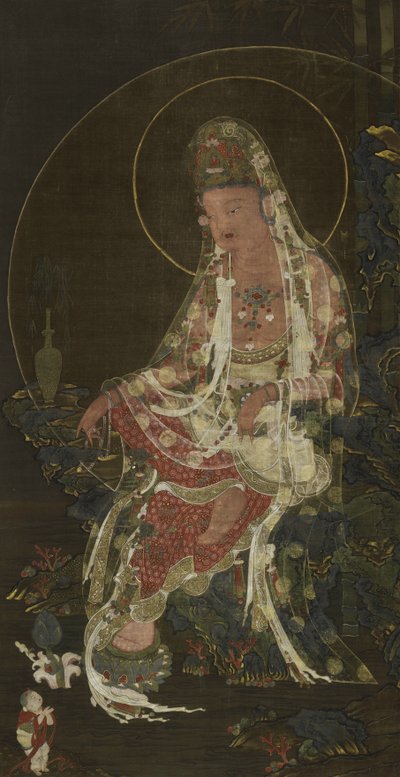 Hangende Rol met een wilgentak Bodhisattva Avalokiteshvara (Kwanseŭm Posal) zittend in een Paradijstuin, Koryŏ-dynastie door Korean School