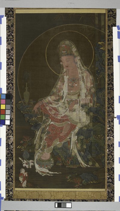Wilgen-tak Bodhisattva Avalokiteshvara (Kwanseum Posal) zittend in een paradijstuin, Koryo-dynastie door Korean School