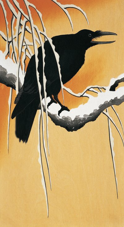 Raaf zittend op een tak (Corvus corax) door Ohara Koson