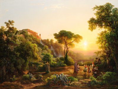 Landschap bij Tivoli, met een scène van de druivenoogst door Károly Markó